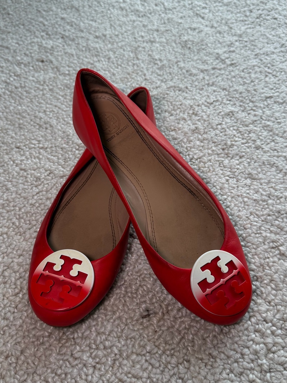 Tory Burch Red Leather Logo Flats with Silver Medallion